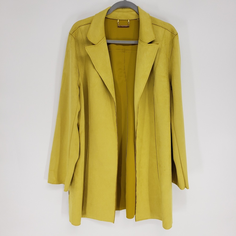 Tahari Faux Suede Open Front Duster Jacket Women Size XL Mustard Yellow Long